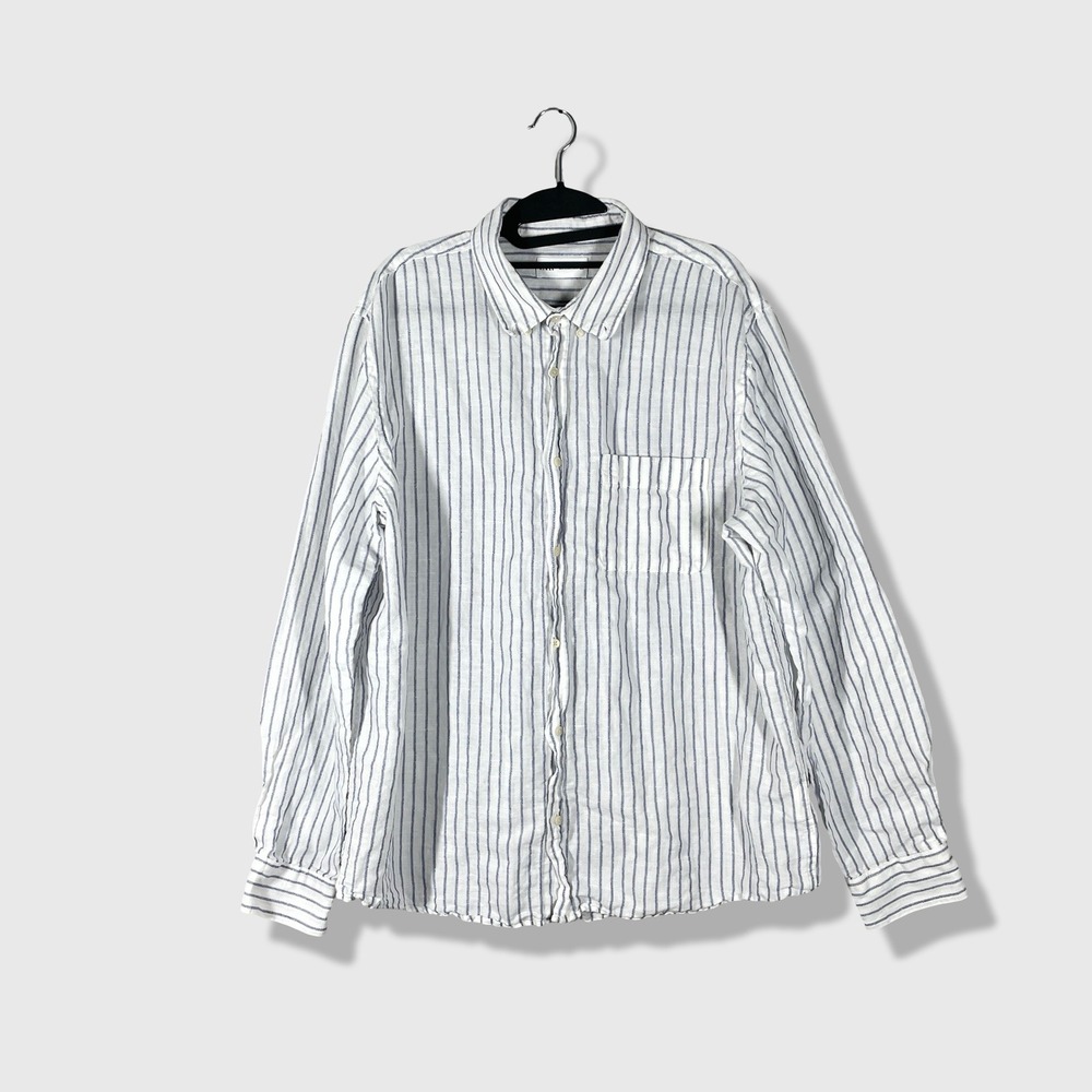 Zara Linen Blend Striped Button Down Shirt Mens XL White Blue Coastal Nautical